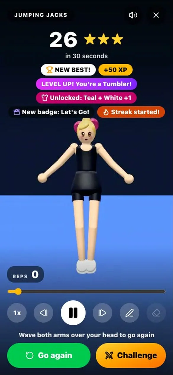 A result: 26 jumping jacks, three stars, new best, level up